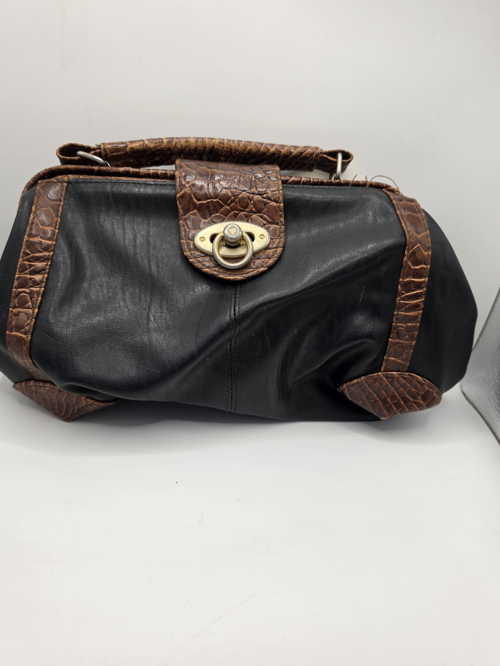 Jackson Rowe Black Leather Clutch Satchel with Brown Croc-Trim